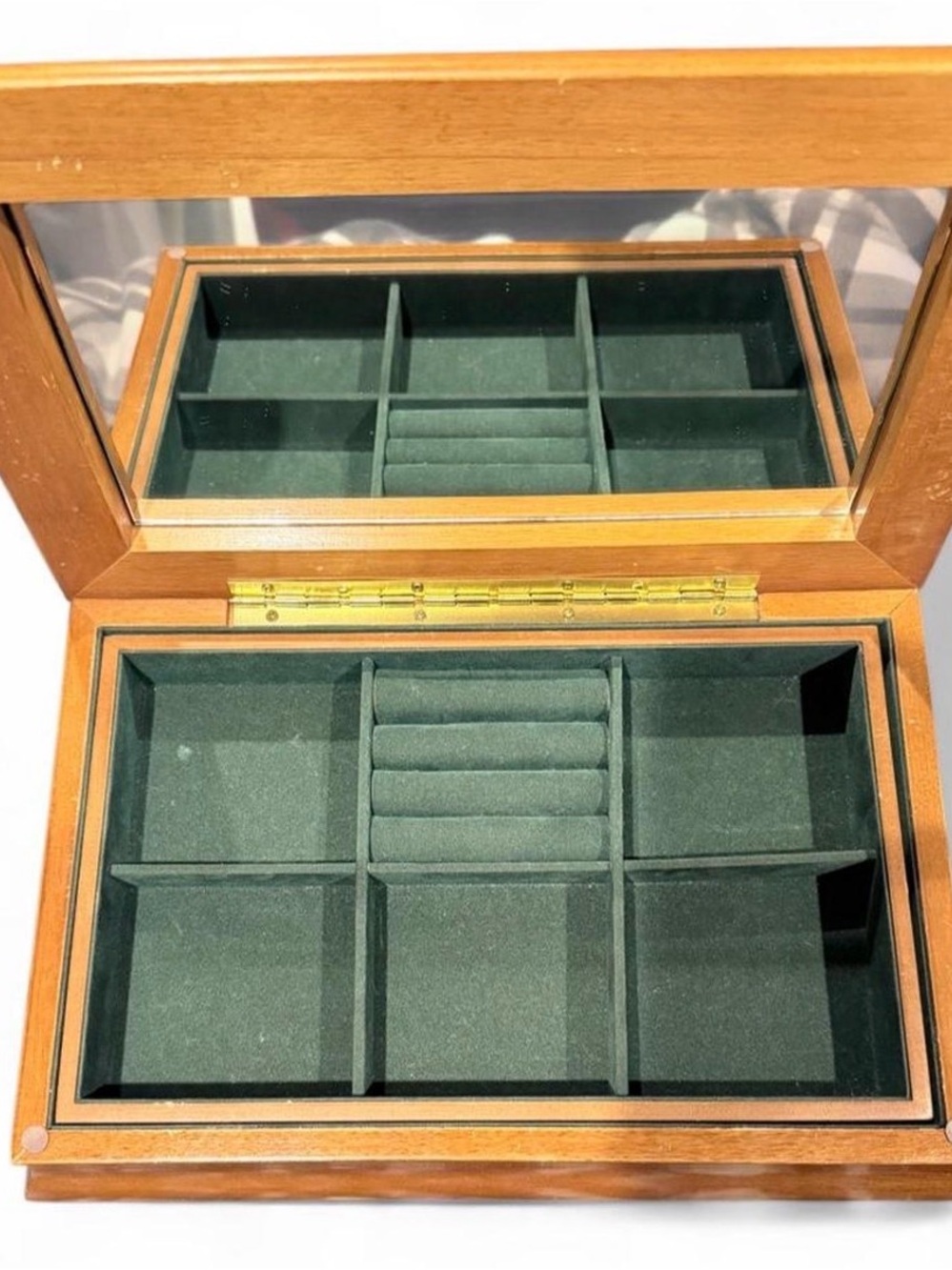 Wood Jewelry Box Burl Finish Mirrored Lid Green Velvet Removable Tray 12x7x4